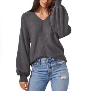 1.State Ribbed Grey Cotton Blend Balloon Sleeve Knit Top, NWT, MSRP $89